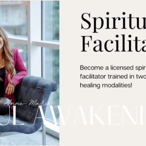 Anne-Marie Mayers, founder of Soul Awakening Academy sitting on a sofa during a spiritual coaching session, promoting the Soul Awakening Academy’s accredited Spiritual Facilitator Training certification.